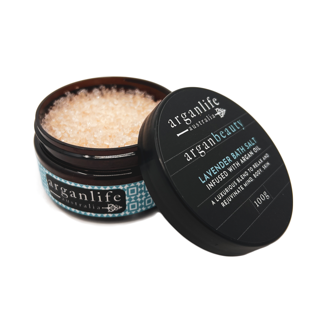 100g jar of lavender bath salt with lid open